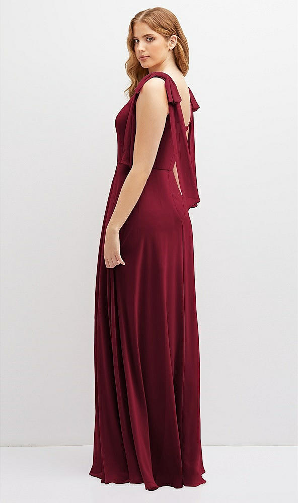 Back View - Burgundy Bow Shoulder Square Neck Chiffon Maxi Dress