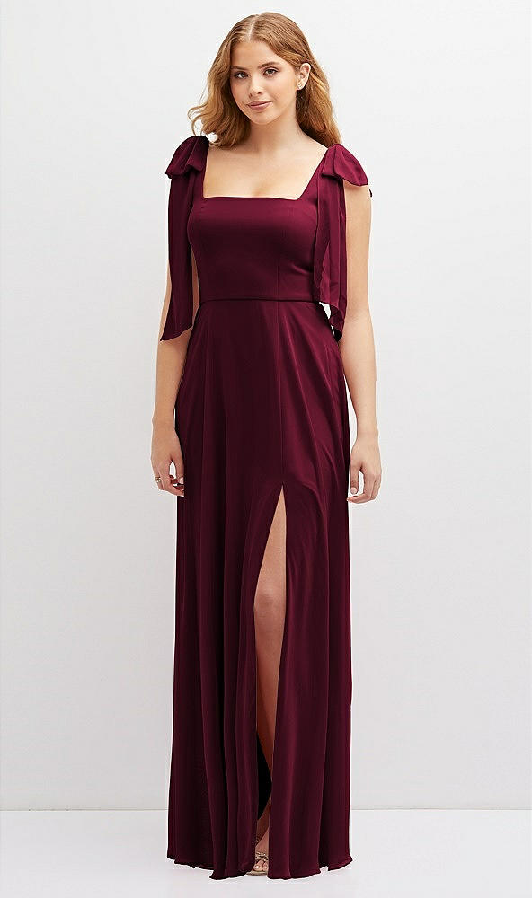 Front View - Cabernet Bow Shoulder Square Neck Chiffon Maxi Dress