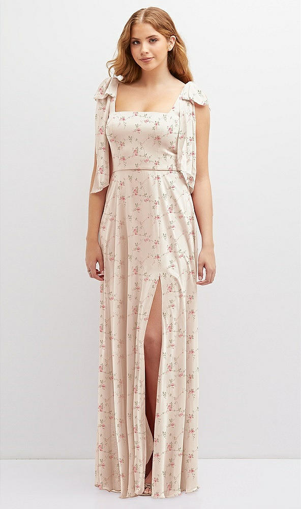 Front View - Coquette Floral Print Bow Shoulder Square Neck Chiffon Maxi Dress