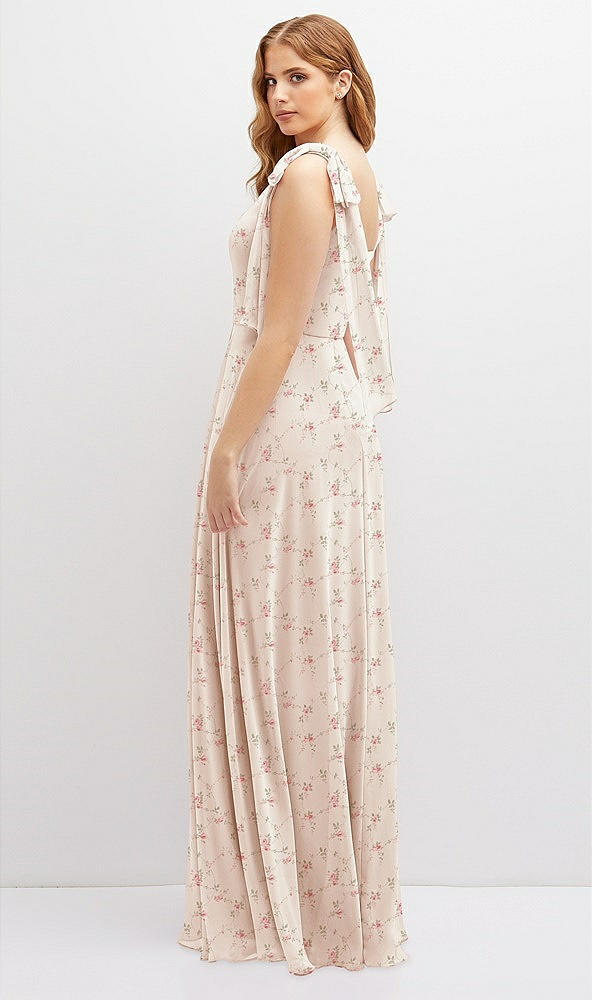 Back View - Coquette Floral Print Bow Shoulder Square Neck Chiffon Maxi Dress