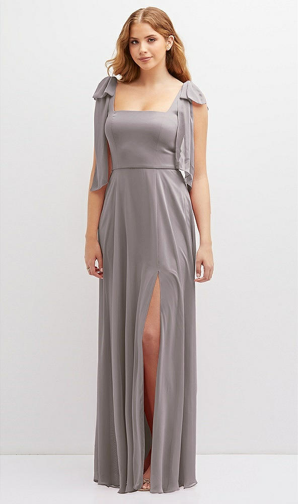 Front View - Cashmere Gray Bow Shoulder Square Neck Chiffon Maxi Dress