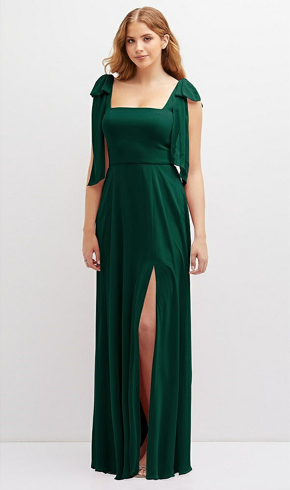 Front View - Hunter Green Bow Shoulder Square Neck Chiffon Maxi Dress