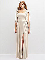 Front View Thumbnail - Oat Bow Shoulder Square Neck Chiffon Maxi Dress