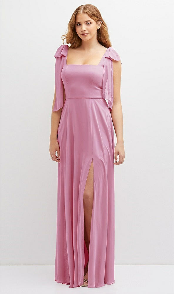 Front View - Powder Pink Bow Shoulder Square Neck Chiffon Maxi Dress