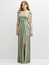 Front View Thumbnail - Sage Bow Shoulder Square Neck Chiffon Maxi Dress