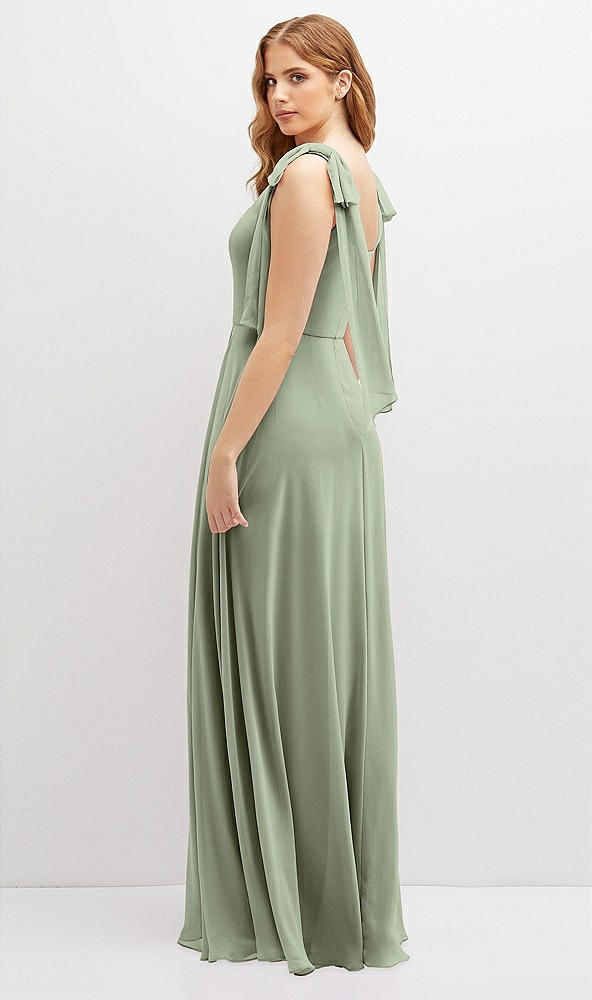 Back View - Sage Bow Shoulder Square Neck Chiffon Maxi Dress