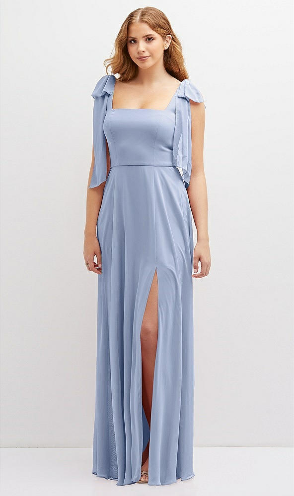 Front View - Sky Blue Bow Shoulder Square Neck Chiffon Maxi Dress