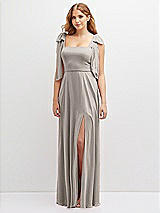 Front View Thumbnail - Taupe Bow Shoulder Square Neck Chiffon Maxi Dress