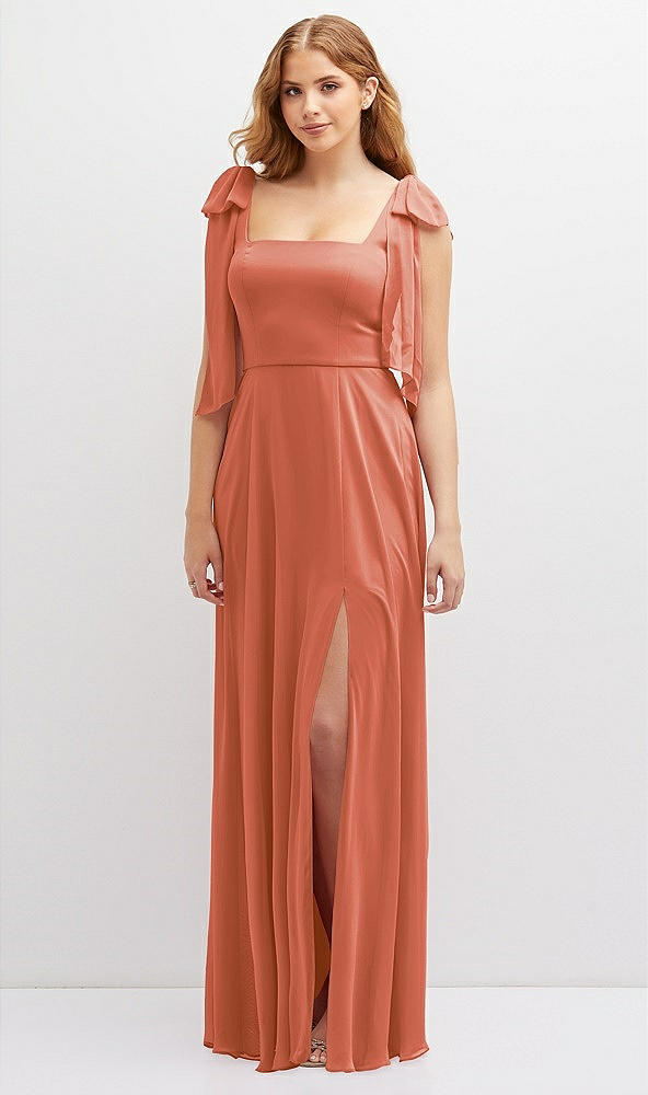 Front View - Terracotta Copper Bow Shoulder Square Neck Chiffon Maxi Dress