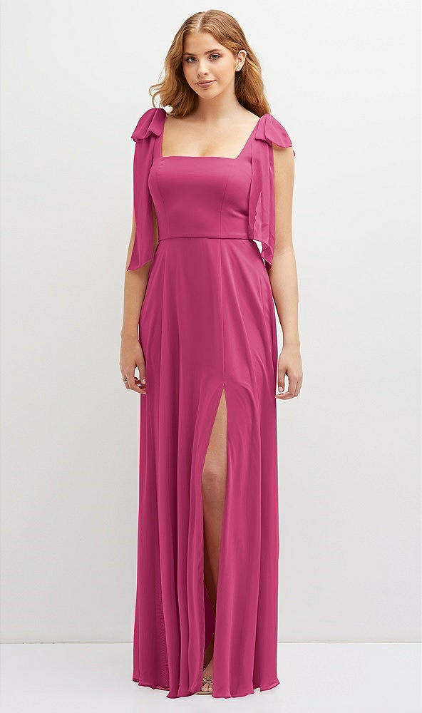 Front View - Tea Rose Bow Shoulder Square Neck Chiffon Maxi Dress