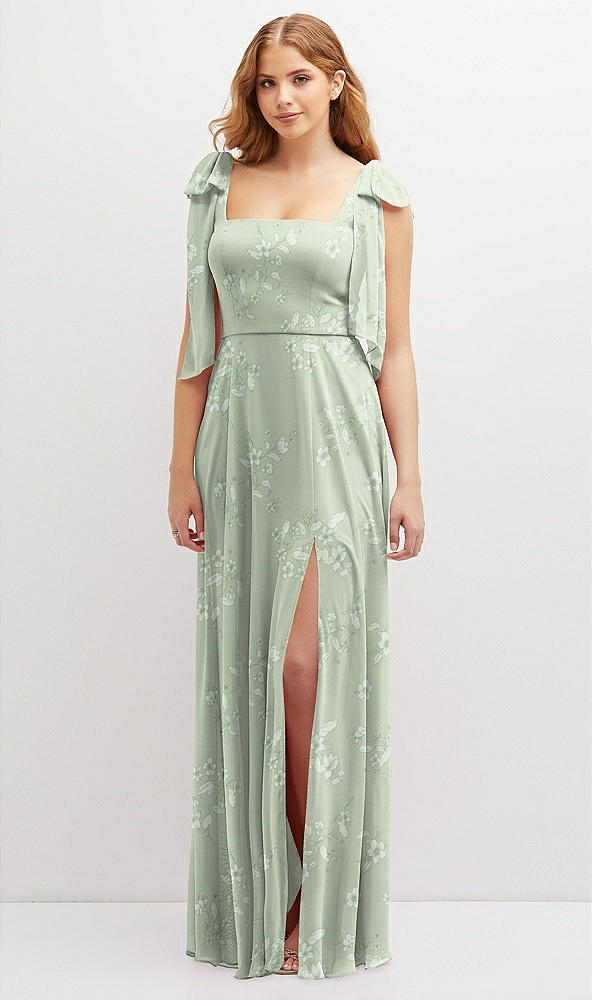 Front View - Vintage Primrose Sage Bow Shoulder Square Neck Chiffon Maxi Dress