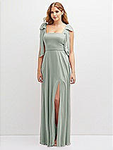 Front View Thumbnail - Willow Green Bow Shoulder Square Neck Chiffon Maxi Dress