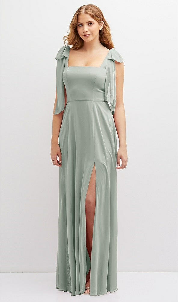 Front View - Willow Green Bow Shoulder Square Neck Chiffon Maxi Dress