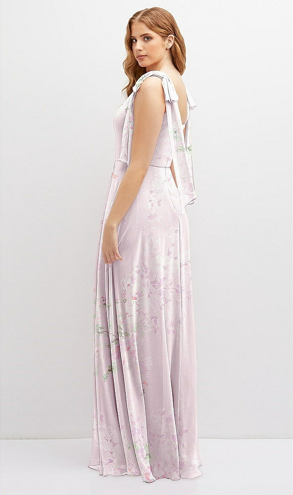 Back View - Watercolor Print Bow Shoulder Square Neck Chiffon Maxi Dress