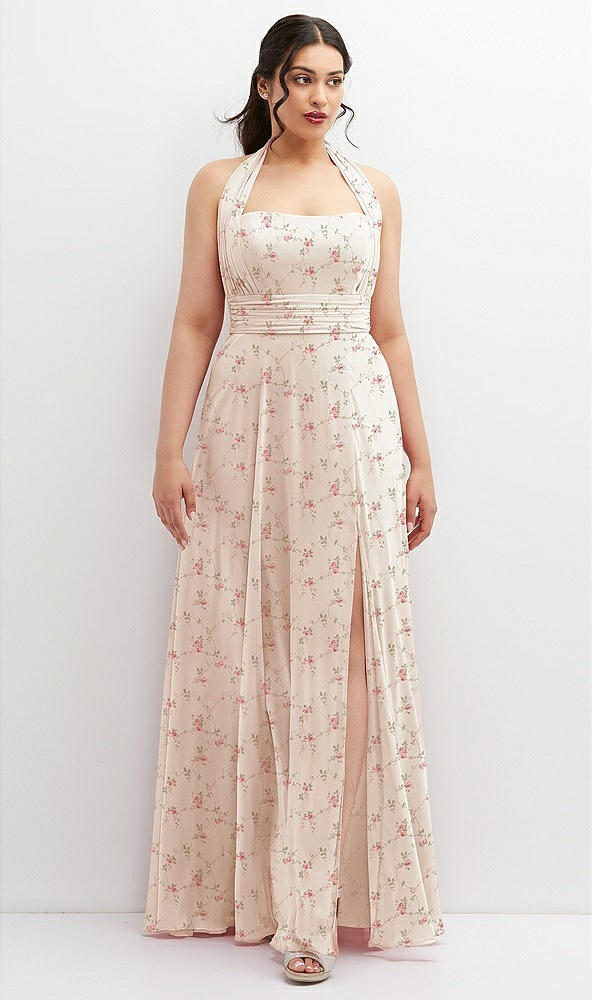 Front View - Coquette Floral Print Chiffon Convertible Maxi Dress with Multi-Way Tie Straps