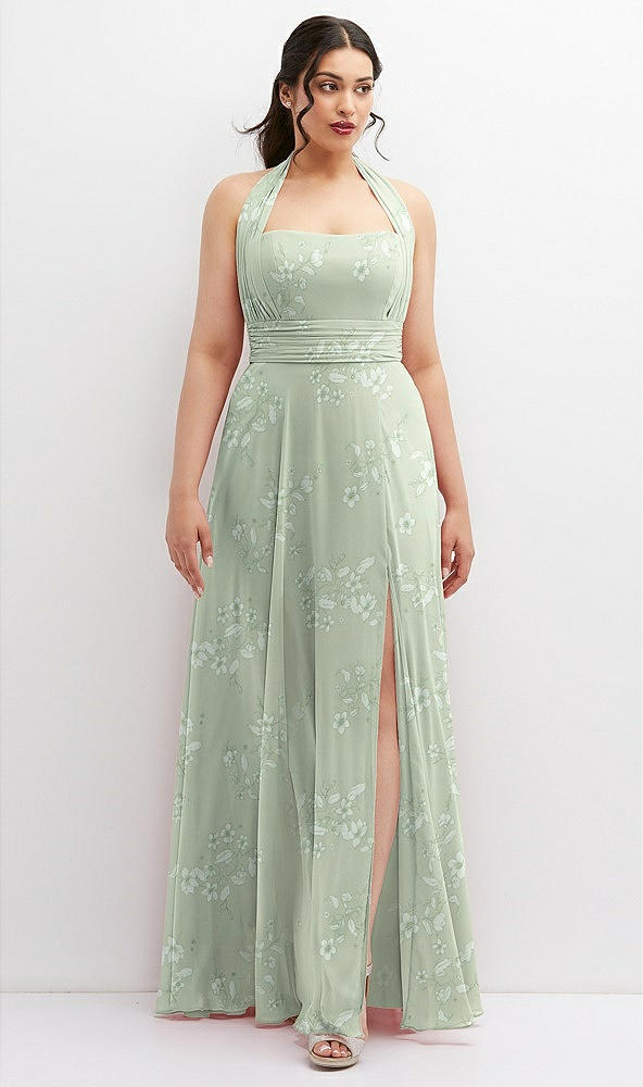 Front View - Vintage Primrose Sage Chiffon Convertible Maxi Dress with Multi-Way Tie Straps