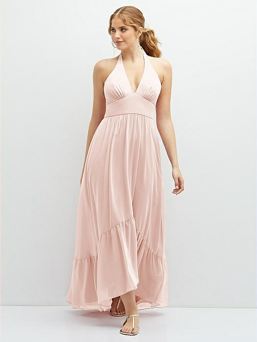 Chiffon Halter High-Low Dress with Deep Ruffle Hem