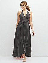 Front View Thumbnail - Caviar Gray Chiffon Halter High-Low Dress with Deep Ruffle Hem