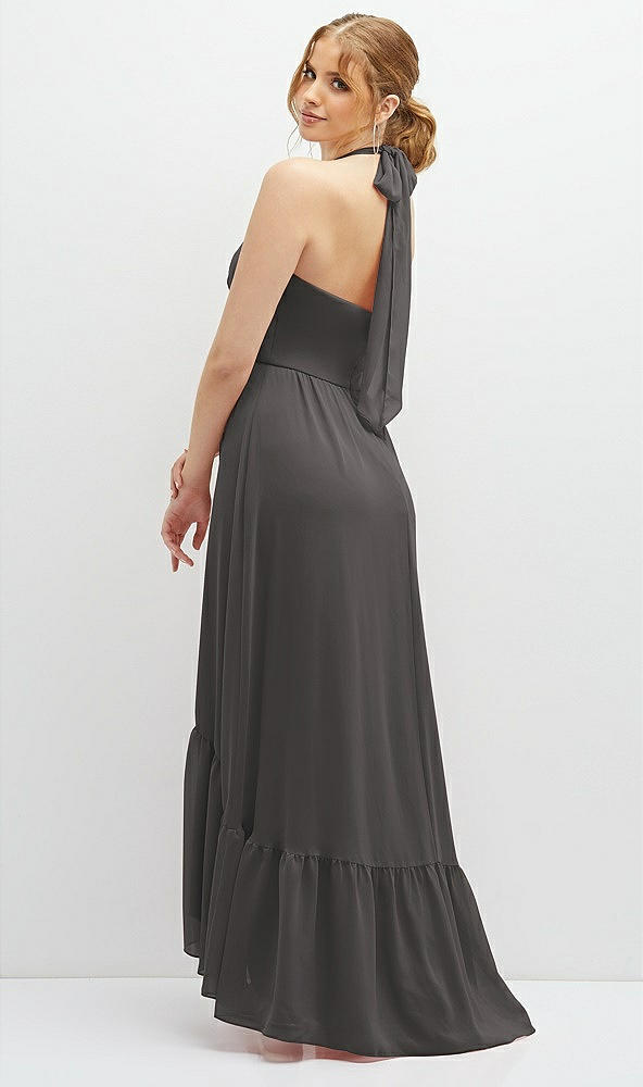 Back View - Caviar Gray Chiffon Halter High-Low Dress with Deep Ruffle Hem