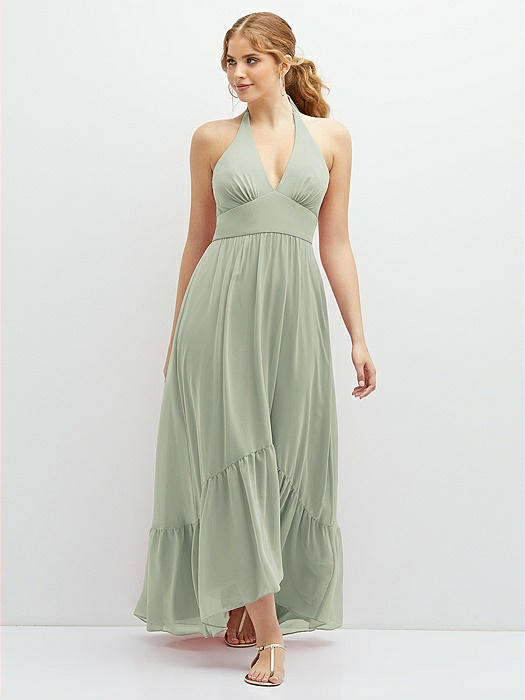 Chiffon Halter High-Low Dress with Deep Ruffle Hem