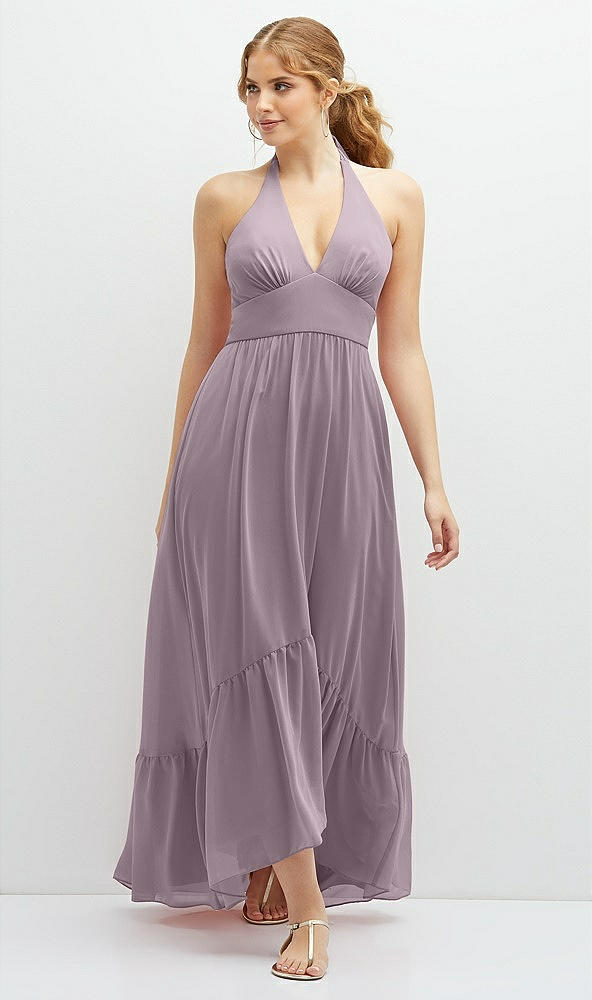 Front View - Lilac Dusk Chiffon Halter High-Low Dress with Deep Ruffle Hem