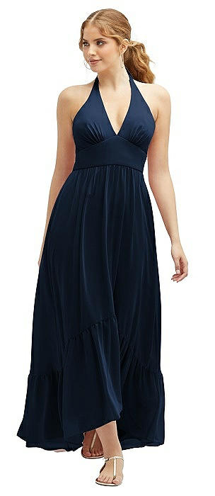 Chiffon Halter High-Low Dress with Deep Ruffle Hem