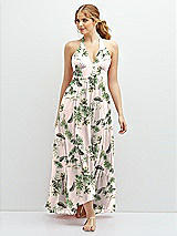 Front View Thumbnail - Palm Beach Print Chiffon Halter High-Low Dress with Deep Ruffle Hem