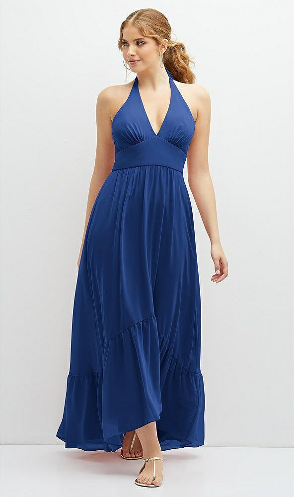 Front View - Classic Blue Chiffon Halter High-Low Dress with Deep Ruffle Hem