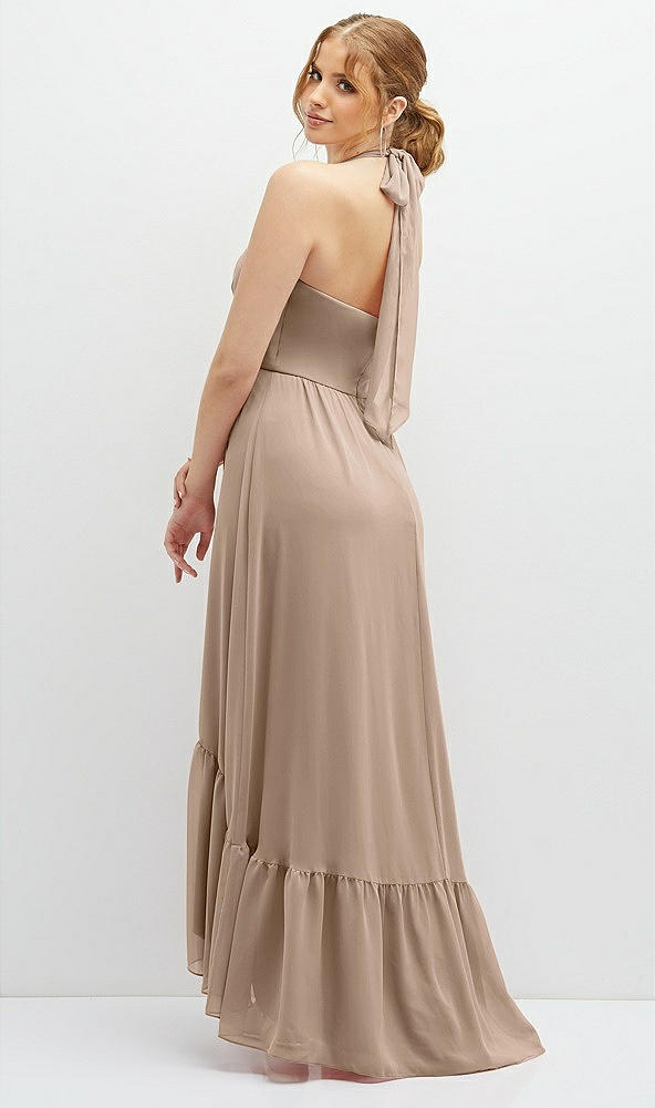 Back View - Topaz Chiffon Halter High-Low Dress with Deep Ruffle Hem