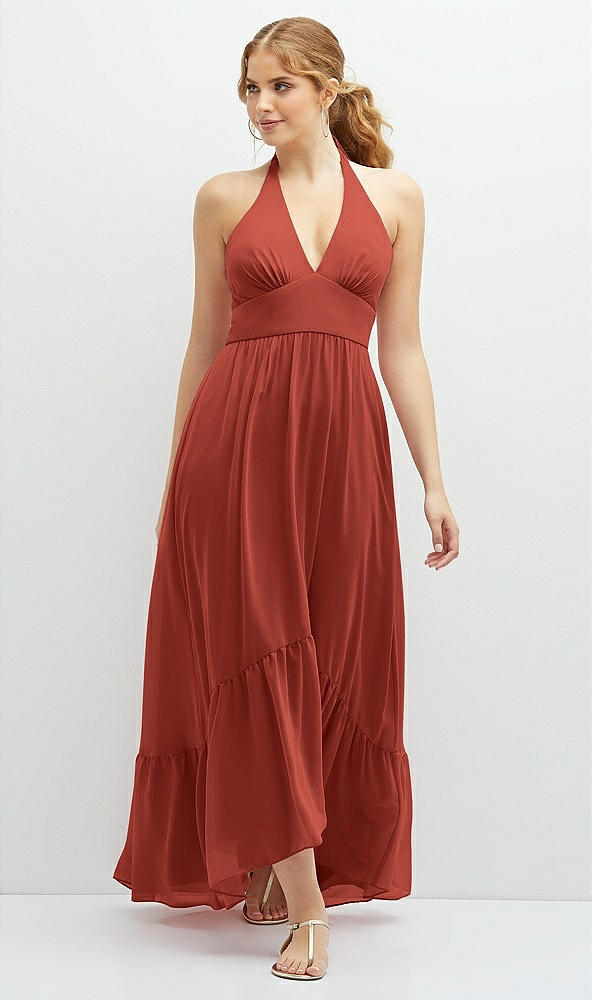 Front View - Amber Sunset Chiffon Halter High-Low Dress with Deep Ruffle Hem