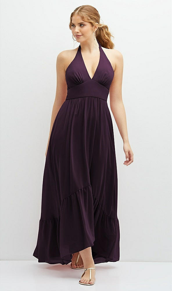 Front View - Aubergine Chiffon Halter High-Low Dress with Deep Ruffle Hem