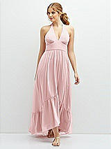 Front View Thumbnail - Ballet Pink Chiffon Halter High-Low Dress with Deep Ruffle Hem