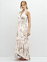 Side View Thumbnail - Blush Garden Chiffon Halter High-Low Dress with Deep Ruffle Hem