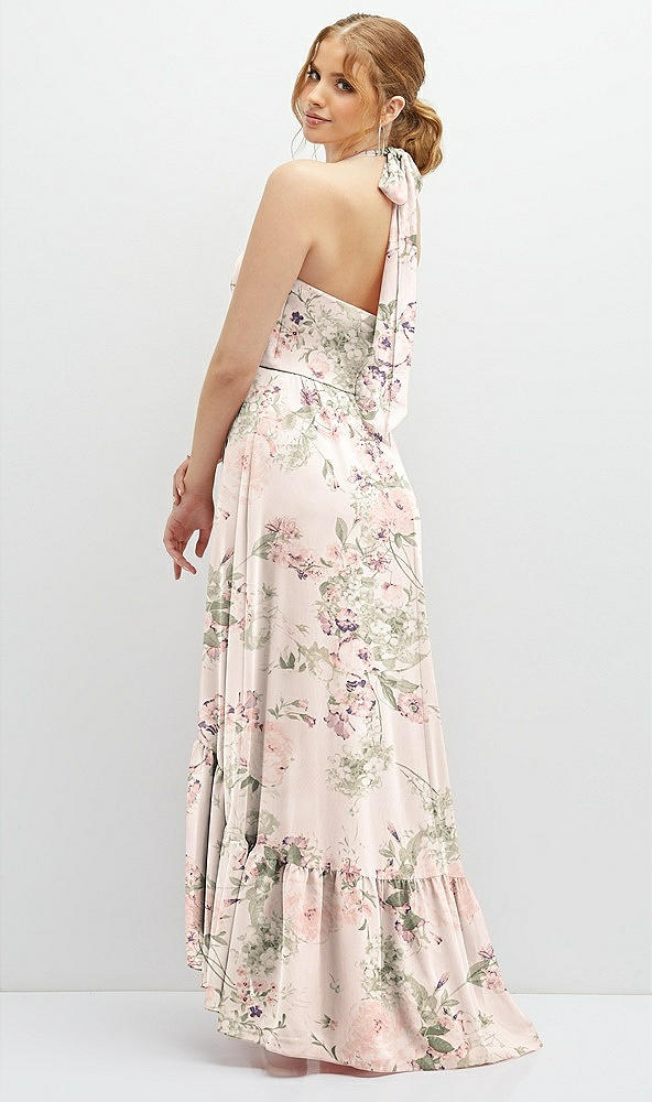 Back View - Blush Garden Chiffon Halter High-Low Dress with Deep Ruffle Hem