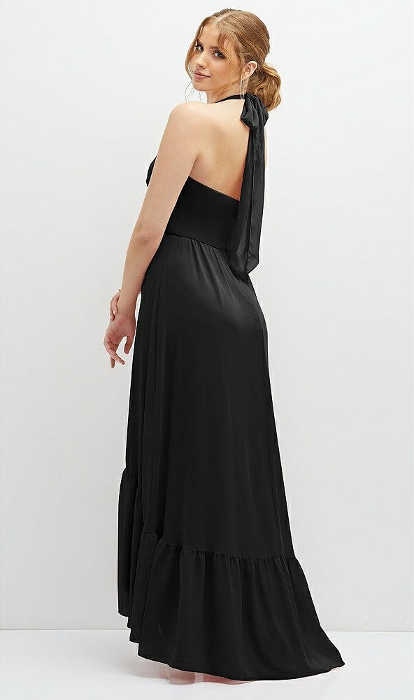 Back View - Black Chiffon Halter High-Low Dress with Deep Ruffle Hem