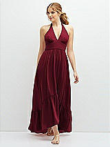 Front View Thumbnail - Burgundy Chiffon Halter High-Low Dress with Deep Ruffle Hem