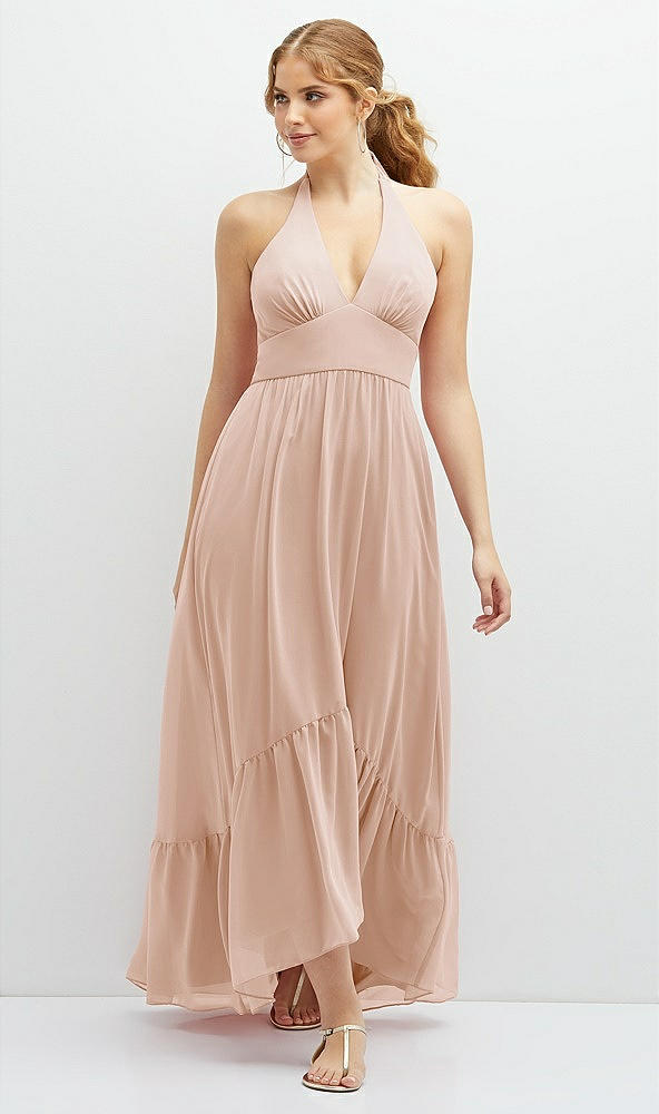 Front View - Cameo Chiffon Halter High-Low Dress with Deep Ruffle Hem