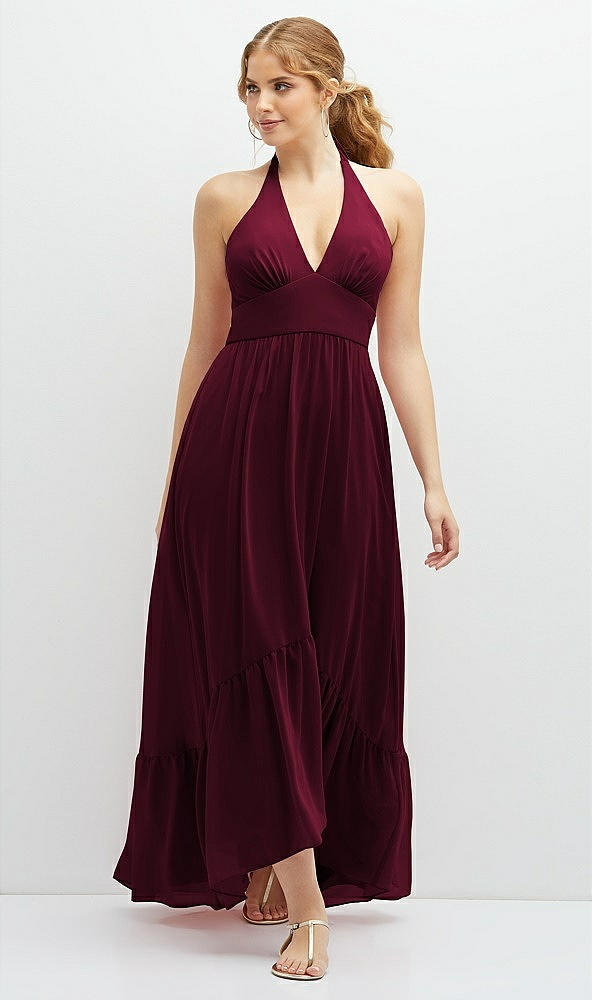 Front View - Cabernet Chiffon Halter High-Low Dress with Deep Ruffle Hem