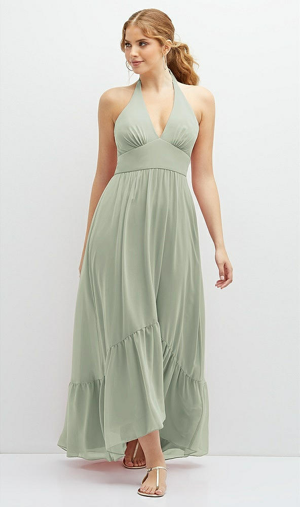 Front View - Celadon Chiffon Halter High-Low Dress with Deep Ruffle Hem