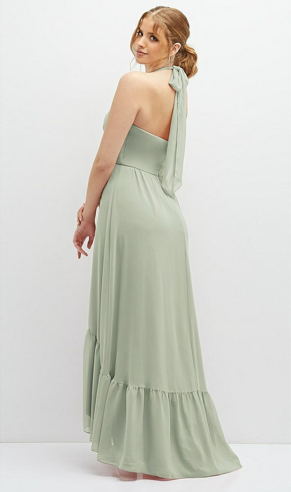 Back View - Celadon Chiffon Halter High-Low Dress with Deep Ruffle Hem