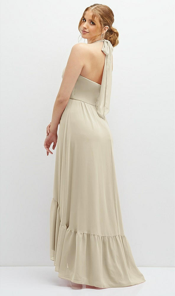 Back View - Champagne Chiffon Halter High-Low Dress with Deep Ruffle Hem