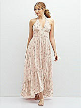 Front View Thumbnail - Coquette Floral Print Chiffon Halter High-Low Dress with Deep Ruffle Hem