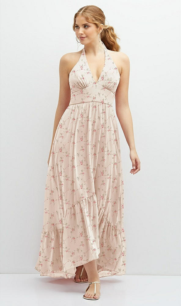 Front View - Coquette Floral Print Chiffon Halter High-Low Dress with Deep Ruffle Hem