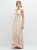 Side View Thumbnail - Coquette Floral Print Chiffon Halter High-Low Dress with Deep Ruffle Hem