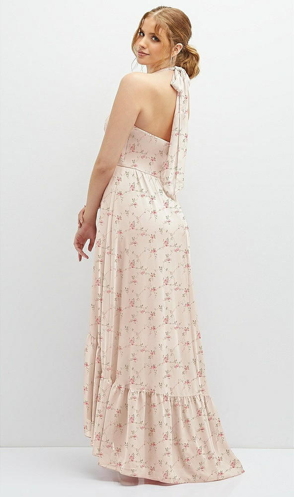 Back View - Coquette Floral Print Chiffon Halter High-Low Dress with Deep Ruffle Hem