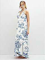 Side View Thumbnail - Cottage Rose Dusk Blue Chiffon Halter High-Low Dress with Deep Ruffle Hem