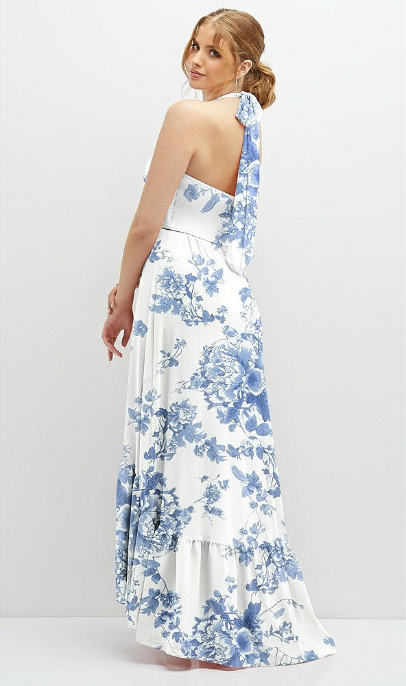 Back View - Cottage Rose Dusk Blue Chiffon Halter High-Low Dress with Deep Ruffle Hem