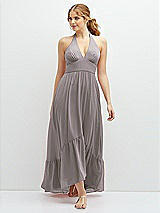 Front View Thumbnail - Cashmere Gray Chiffon Halter High-Low Dress with Deep Ruffle Hem