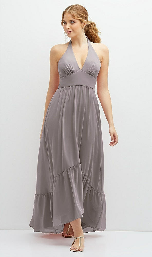 Front View - Cashmere Gray Chiffon Halter High-Low Dress with Deep Ruffle Hem