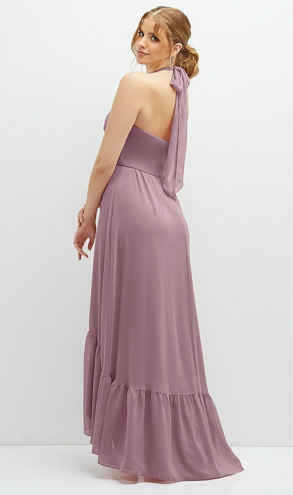 Back View - Dusty Rose Chiffon Halter High-Low Dress with Deep Ruffle Hem